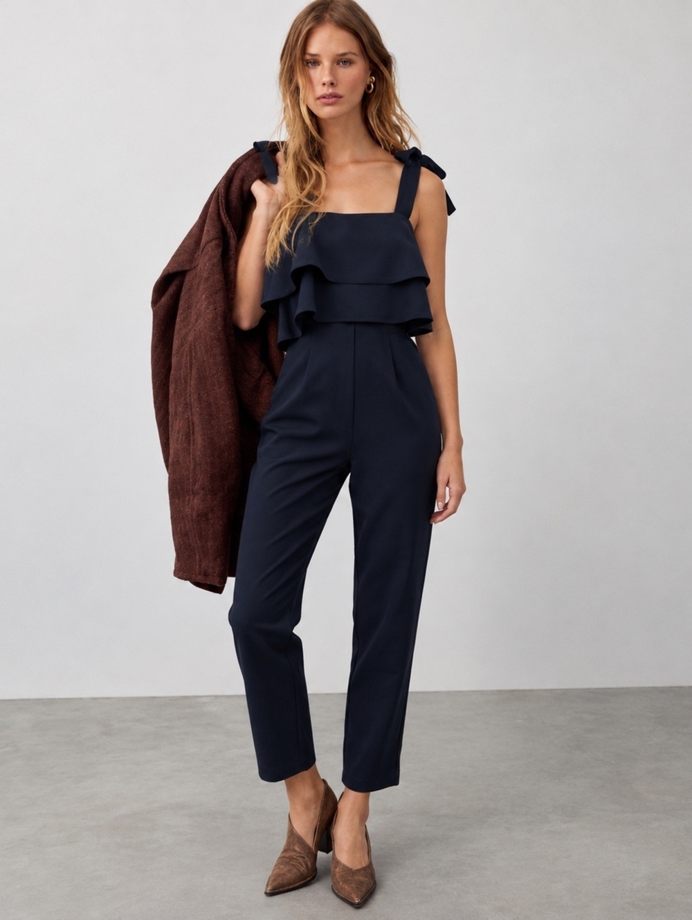 ASOS Navy Ruffle Jumpsuit Tie Shoulder Bow Straps Size 4 NWT